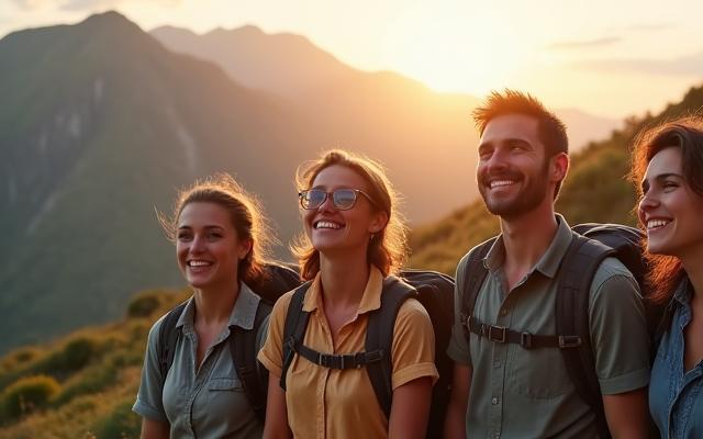 The WanderWorld founding team smiling together at a scenic mountain overlook, embracing the joy of shared adventure.