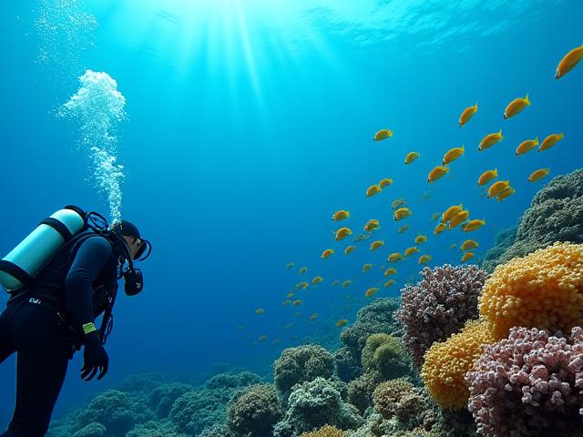 Scuba divers exploring vibrant coral reefs in the Belize Barrier Reef