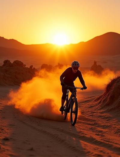 Mountain biker kicking up dust on a desert trail at sunset
