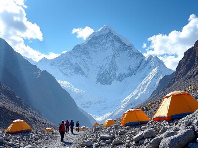 Panoramic view of Everest Base Camp with tents and trekkers, Himalayas