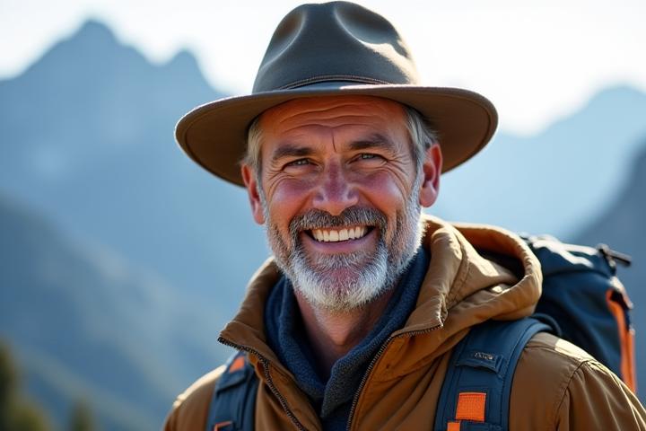 Experienced mountain guide smiling, wearing climbing gear, with mountains in background