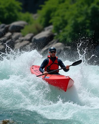 Kayaker navigating powerful white-water rapids, splashes everywhere