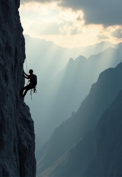 Climber on a cliff face, looking out over a vast mountain valley, dramatic lighting
