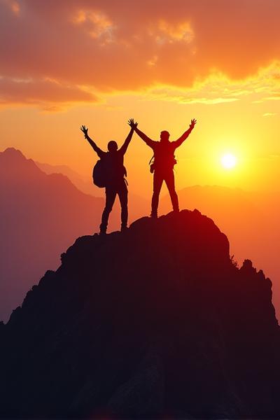 Two hikers celebrating on a mountain peak, arms raised in triumph, sunrise background