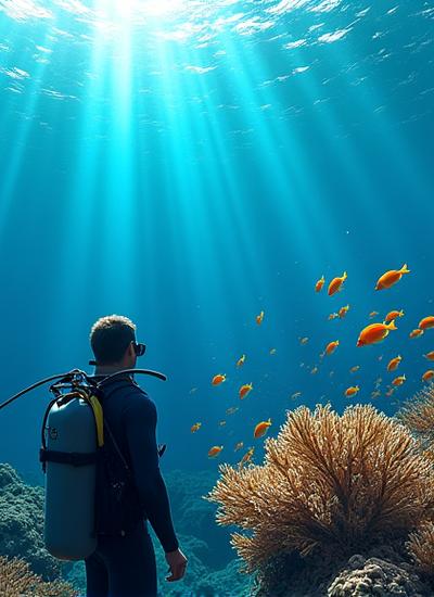 Scuba diver gently observing a vibrant school of fish in clear blue water