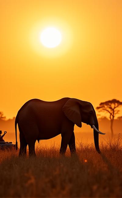 Photographer capturing a majestic elephant in its natural savanna habitat during golden hour