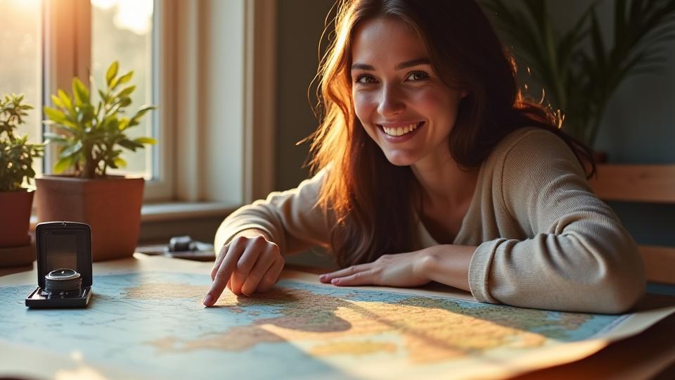 A smiling person looking at a travel map, planning a journey, embodying excitement for exploration.