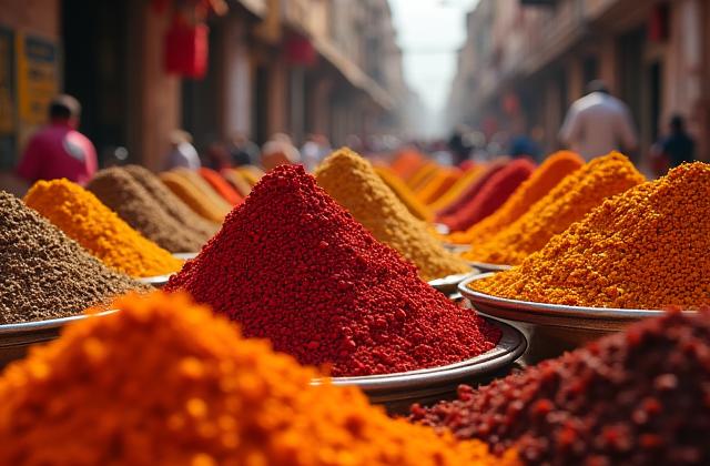 Colorful array of Moroccan spices in market stalls