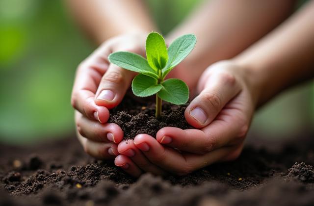 Hands planting a seedling in fertile soil, symbolizing sustainable travel
