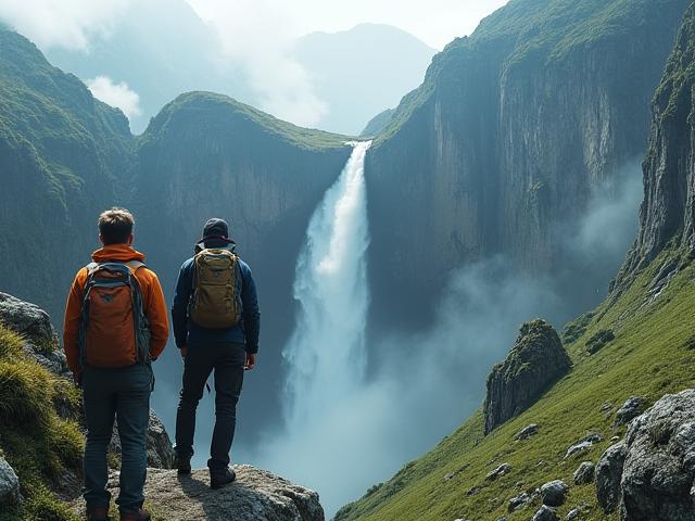 Couple hiking towards a stunning waterfall