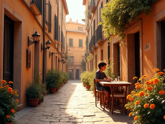 Charming Italian village street scene with a local enjoying coffee