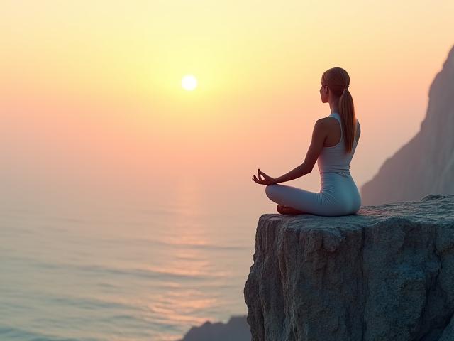 Woman meditating at sunrise overlooking a calm ocean