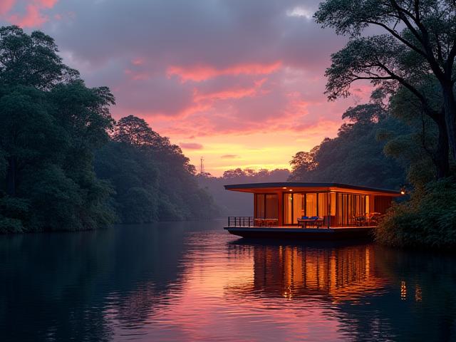 Chic Amazon eco-lodge with river views, sunset