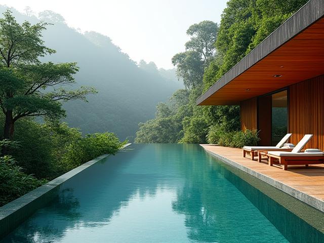 Modern eco-lodge with infinity pool overlooking a vibrant Costa Rican rainforest