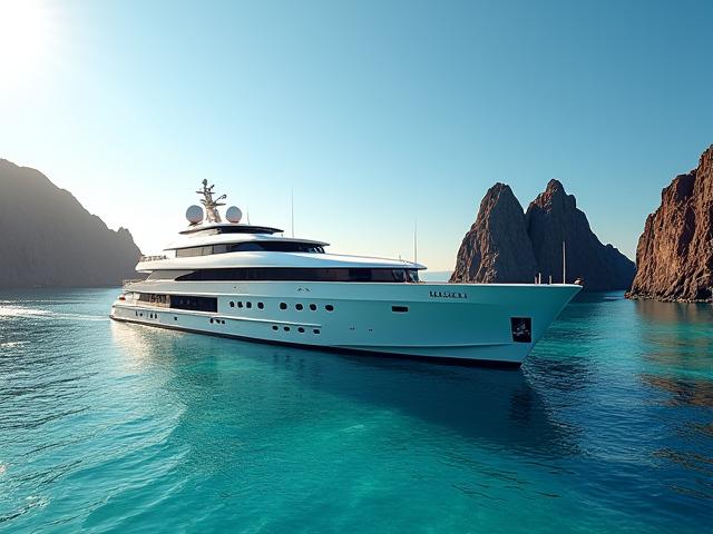 Luxury yacht sailing past volcanic islands in the Galapagos