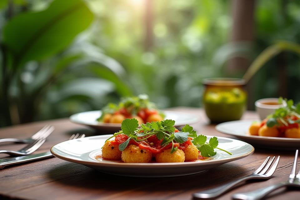 Luxury gourmet dining at an outdoor table in a lush jungle setting