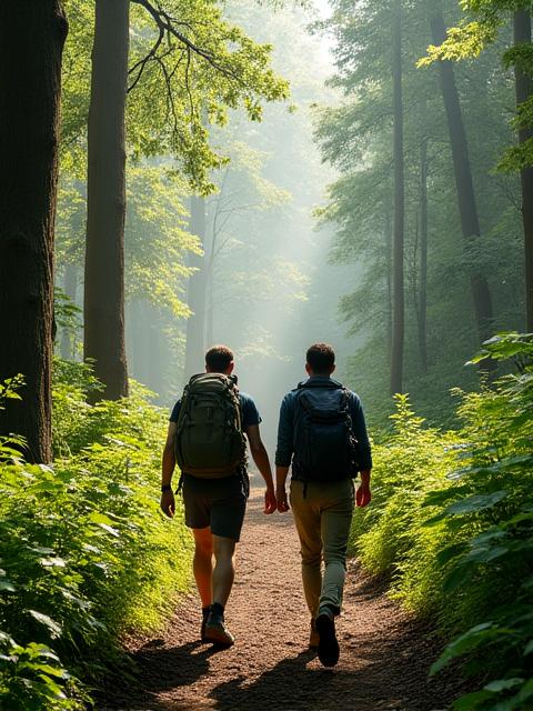 Hikers on a well-maintained trail through a vibrant green forest