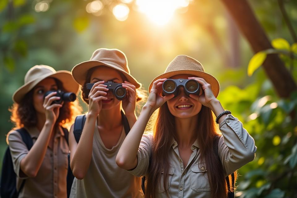 Travelers spotting exotic birds with binoculars in a biodiverse forest