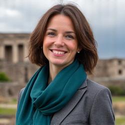 Elara Vance, Cinematic Tour Specialist, smiling in front of a historic European castle.