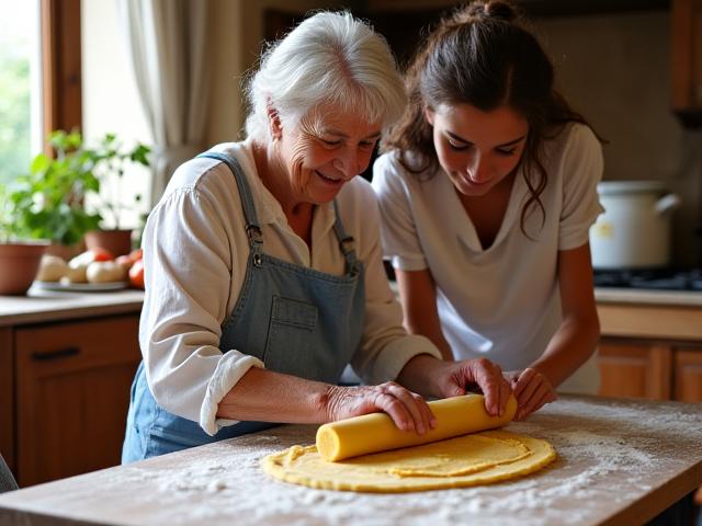 A nonna (grandmother) showing a traveler how to roll pasta dough in a rustic Italian kitchen
