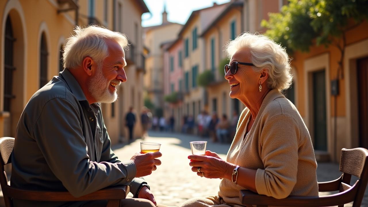 Two elderly Italian locals, smiling, enjoying coffee in a sunny, rustic village square