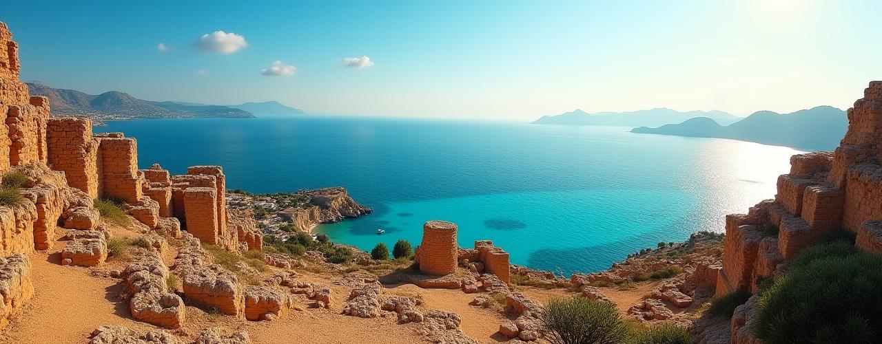 Ancient Greek ruins overlooking the turquoise Mediterranean Sea in Sicily