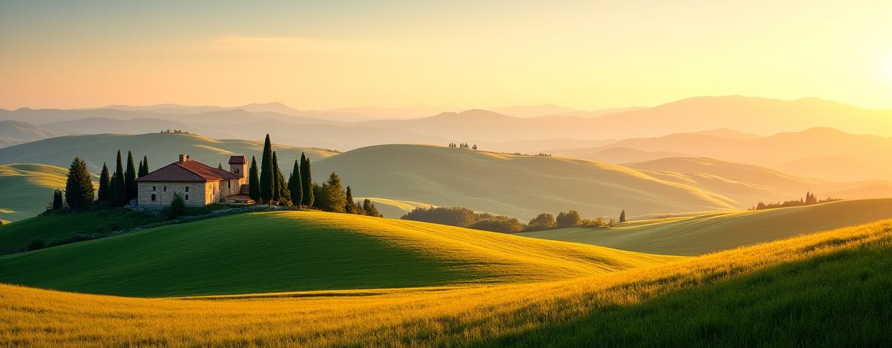 Rolling hills of Tuscany with a rustic farmhouse under a golden sunset