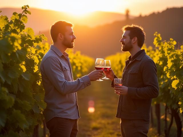 A small group of travelers enjoying a wine tasting with a local vintner in a sun-drenched vineyard