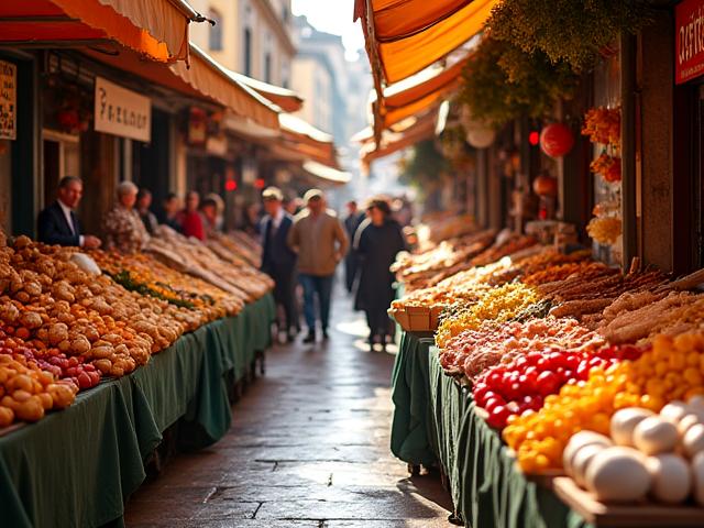 A bustling Italian food market with fresh produce, cheeses, and smiling vendors