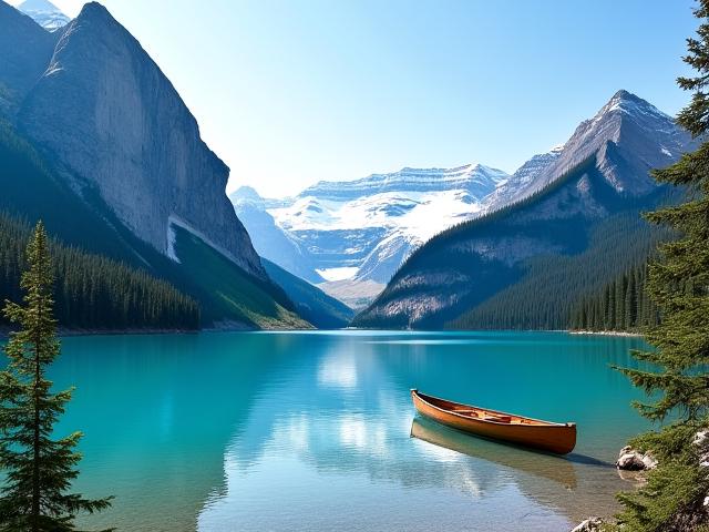 Turquoise Lake Louise nestled among the Canadian Rockies in Banff National Park