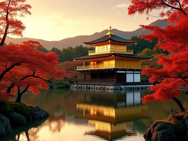 Golden temple in Kyoto, Japan, surrounded by lush autumn trees