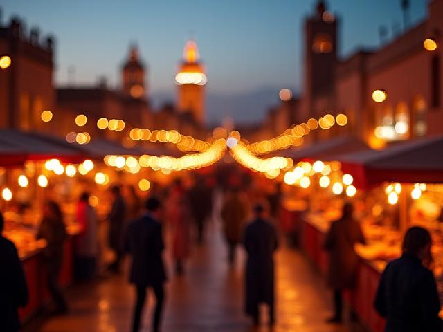 Vibrant Jemaa el-Fna square in Marrakech, Morocco, with street performers and food stalls at dusk
