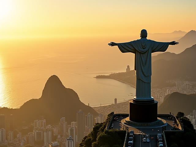 Christ the Redeemer statue overlooking Sugarloaf Mountain and Guanabara Bay in Rio de Janeiro, Brazil
