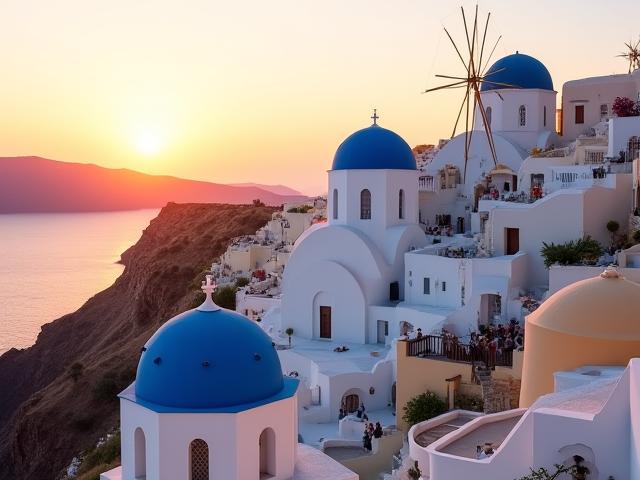 White-washed buildings and blue domes of Santorini, Greece, overlooking the Aegean Sea at sunset