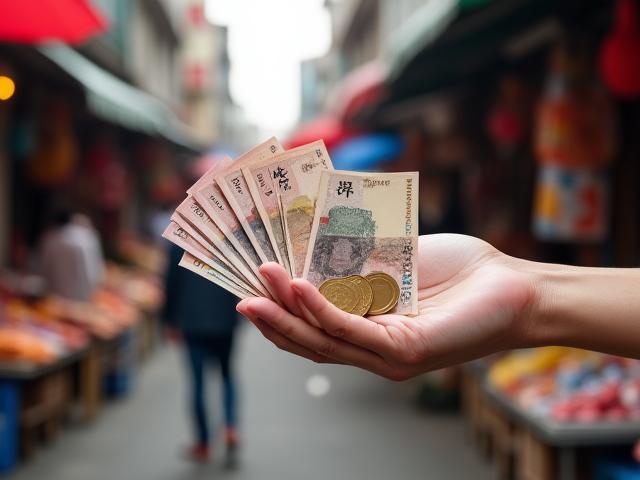 Person holding various foreign currencies in hand