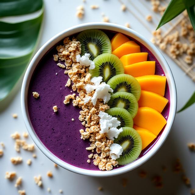 Artfully arranged healthy smoothie bowl with tropical fruits