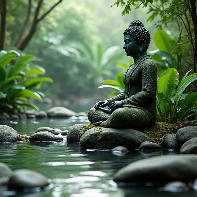 Peaceful tropical meditation garden with Buddha statue