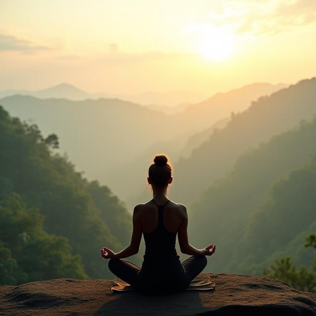 Woman meditating at sunrise in lush Balinese setting