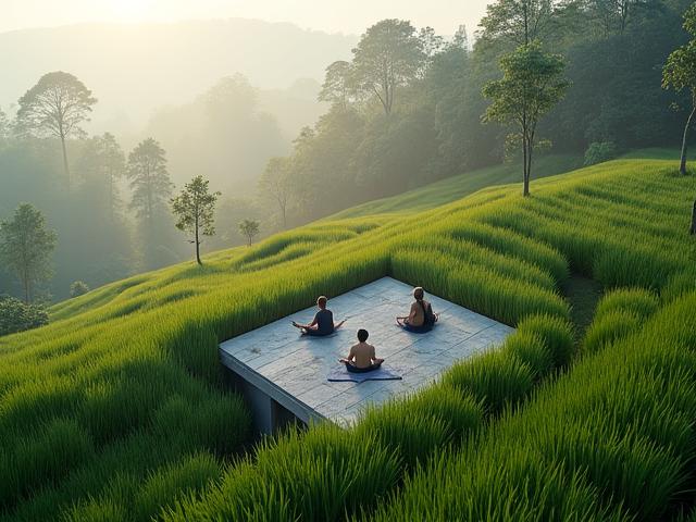Aerial view of a yoga shala at sunrise in Ubud